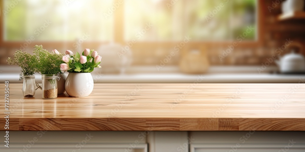 Blur kitchen interior background with wood countertop (or kitchen island) - suitable for displaying or showcasing products (foods). Blur kitchen interior background with wood countertop (or kitchen island) - suitable for displaying or showcasing products (foods).