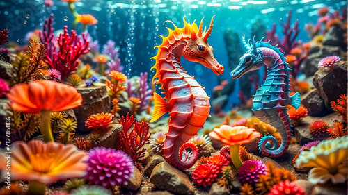 Seahorses in the underwater world of coral reefs