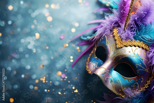 A dazzling masquerade mask lying amidst a shower of confetti