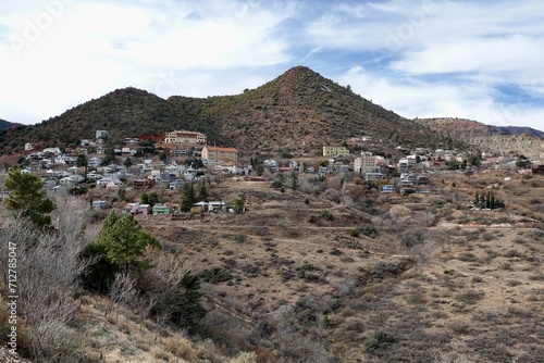 A view of the old mining town of Jerome, a town in central Arizona built on the side of a mountain.