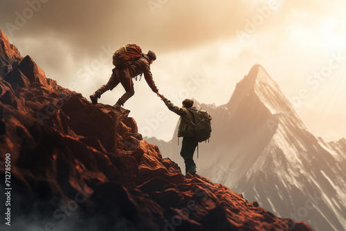 Helping Hand: A Hiker Assisting Friend to Reach Mountain Peak © Stock Habit