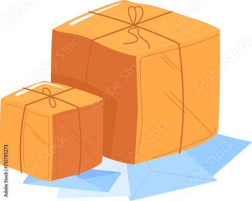 Two orange parcels tied with string on a pale blue floor. Delivery packages with secure binding vector illustration.