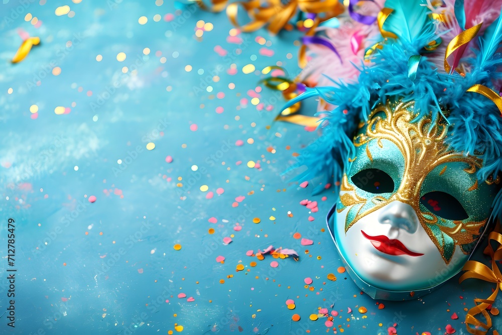 A dazzling masquerade mask lying amidst a shower of confetti A dazzling masquerade mask lying amidst a shower of confetti