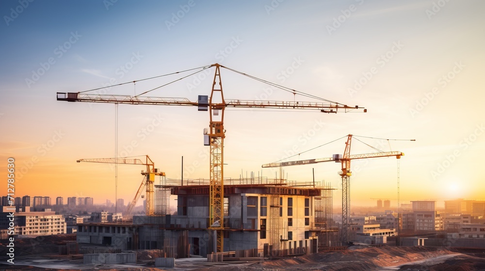 House construction process  crane and building site with blue sky background