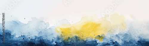 Watercolor abstract background on white canvas with dynamic mix of bright yellow and dark blue colors, banner, panorama photo