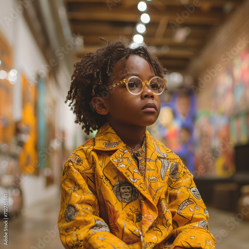 A young African American boy sits in a museum
