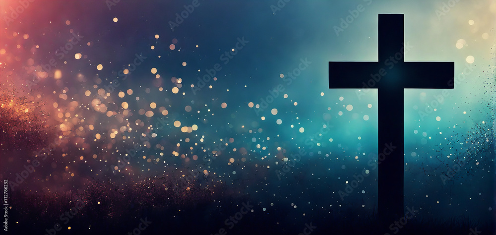solitary christian cross silhouetted against a bokeh particles gradient of warm to cool colors. Symbolizing the spiritual spectrum from passion to tranquility and the omnipresence of faith. solitary christian cross silhouetted against a bokeh particles gradient of warm to cool colors. Symbolizing the spiritual spectrum from passion to tranquility and the omnipresence of faith.