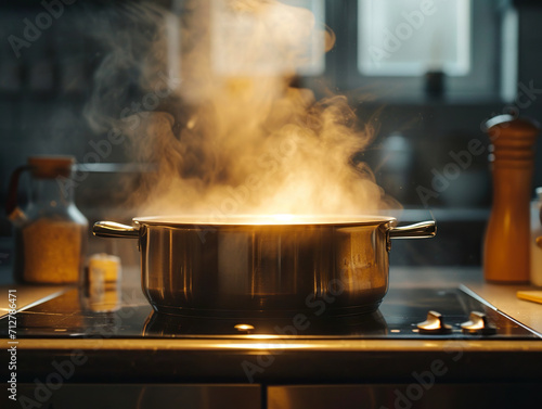 Close up of a large pot on top of a lit ceramic hob. Cooking at home.