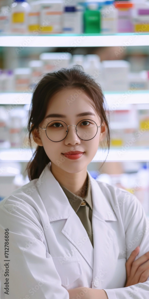 young female Asian pharmacist working in a pharmacy, generative AI young female Asian pharmacist working in a pharmacy, generative AI
