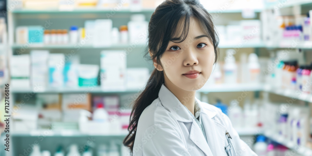 young female Asian pharmacist working in a pharmacy, generative AI