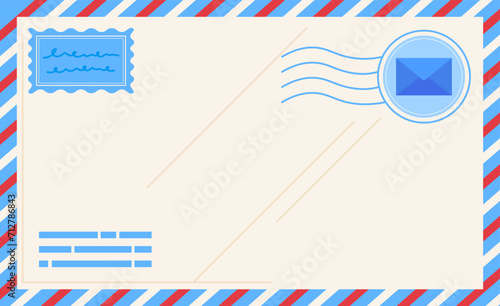 Flat design of vintage airmail envelope with stamps and postal marks. Retro correspondence, mail delivery concept. Postal communication, snail mail vector illustration.