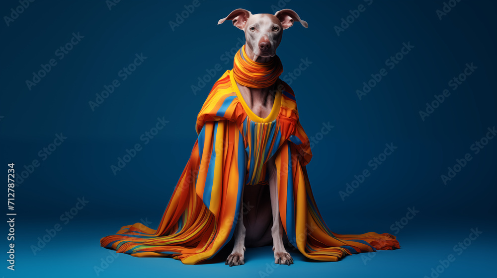 Vibrantly dressed greyhound against serene blue setting