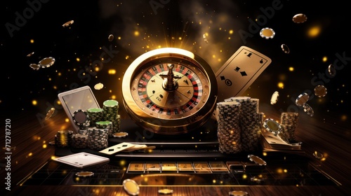 casino, gamble, poker, money, luck, chance, Podium with smartphone, casino slot machine, Casino Roulette , cards and poker chips in dark gold scene. photo