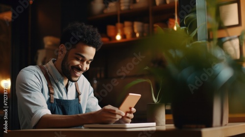 Small business coffee Shop Employee Accepts a Pre Order on a Mobile Phone Call and Writes it Down on Laptop Computer in a Cozy Cafe. Restaurant Manager Browsing Internet on Smartphone