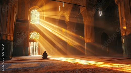 Islamic photo. Muslim man praying in the mosque. Sunlight rays and haze through the window. Ramadan or islamic concept photo with copy space for texts.