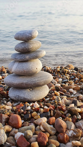 Spa stones balance on the sand of the beach.