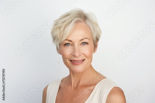 Portrait of a smiling senior woman looking at the camera against white background
