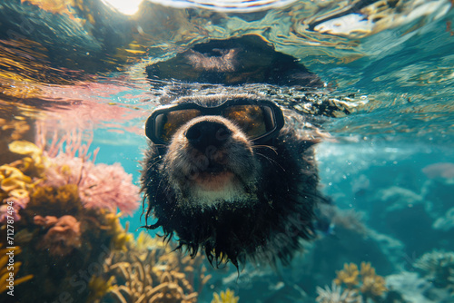 Adorable pooch exploring underwater world in goggles