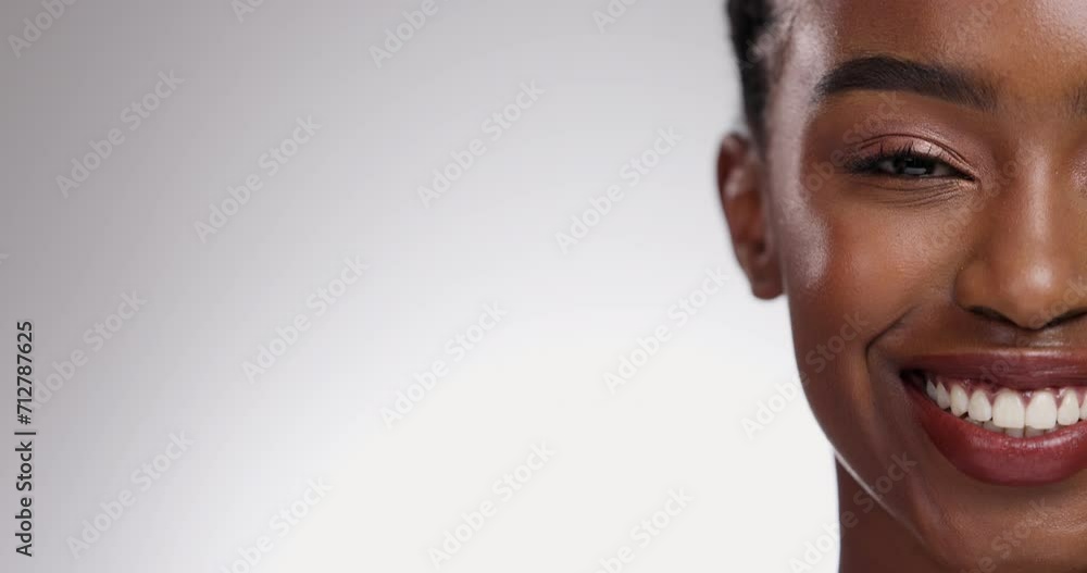 Beauty, skincare mockup and face of black woman on white background for wellness, cosmetics and makeup. Dermatology, spa and half portrait of happy person smile for natural, healthy skin in studio Beauty, skincare mockup and face of black woman on white background for wellness, cosmetics and makeup. Dermatology, spa and half portrait of happy person smile for natural, healthy skin in studio