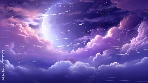 Purple Gradient Mystical Moonlight Sky with Clouds and Stars. Star, Cloud, Fantasy, Celestial 