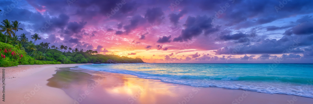 A stunning and vibrant sunset beachscape with palm trees, sandy shoreline, and cloudy sky A stunning and vibrant sunset beachscape with palm trees, sandy shoreline, and cloudy sky