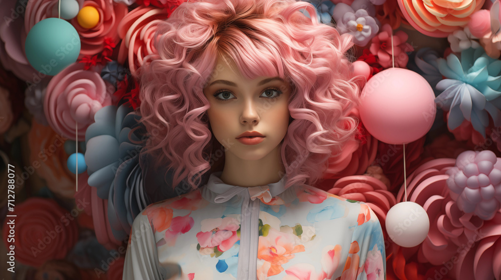 Fototapeta premium A girl with pink hair standing in front of a wall of colorful balloons