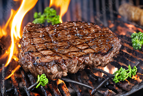 Grilling steak over an open flame for a smoky flavor. Watching the steak sizzle and smoke rising. Juicy steak ready for your plate. Cooking, flame, steak concept.