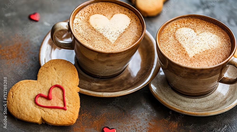 Heart-shaped cookies and two cups of coffee with hearts drawn on the foam. Heart-shaped cookies and two cups of coffee with hearts drawn on the foam.