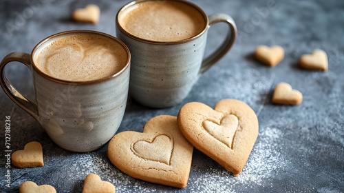 Heart-shaped cookies and two cups of coffee with hearts drawn on the foam. photo