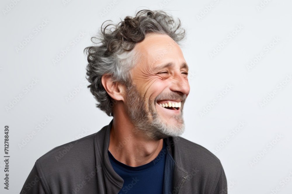 Portrait of a happy senior man laughing while standing against grey background Portrait of a happy senior man laughing while standing against grey background