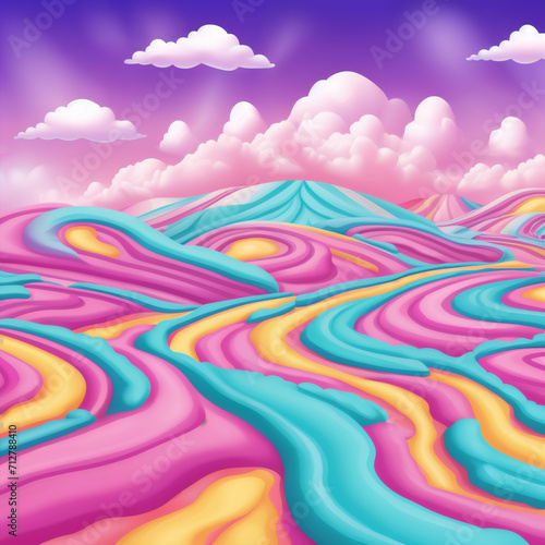 A landscape of soft, sugary colors, with whimsical shapes and clouds of candy. A pastoral vision of a fantasy world, sweet and inviting. Magical, dreamy, playful concept.