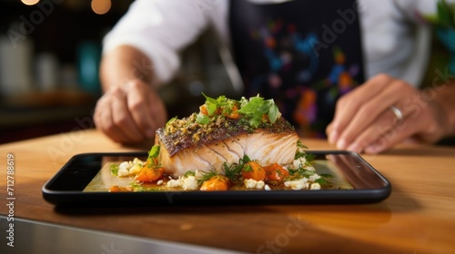 Closeup of a perfectly seared fillet of fish being plated by a celebrity chef during an interactive online cooking demonstration.