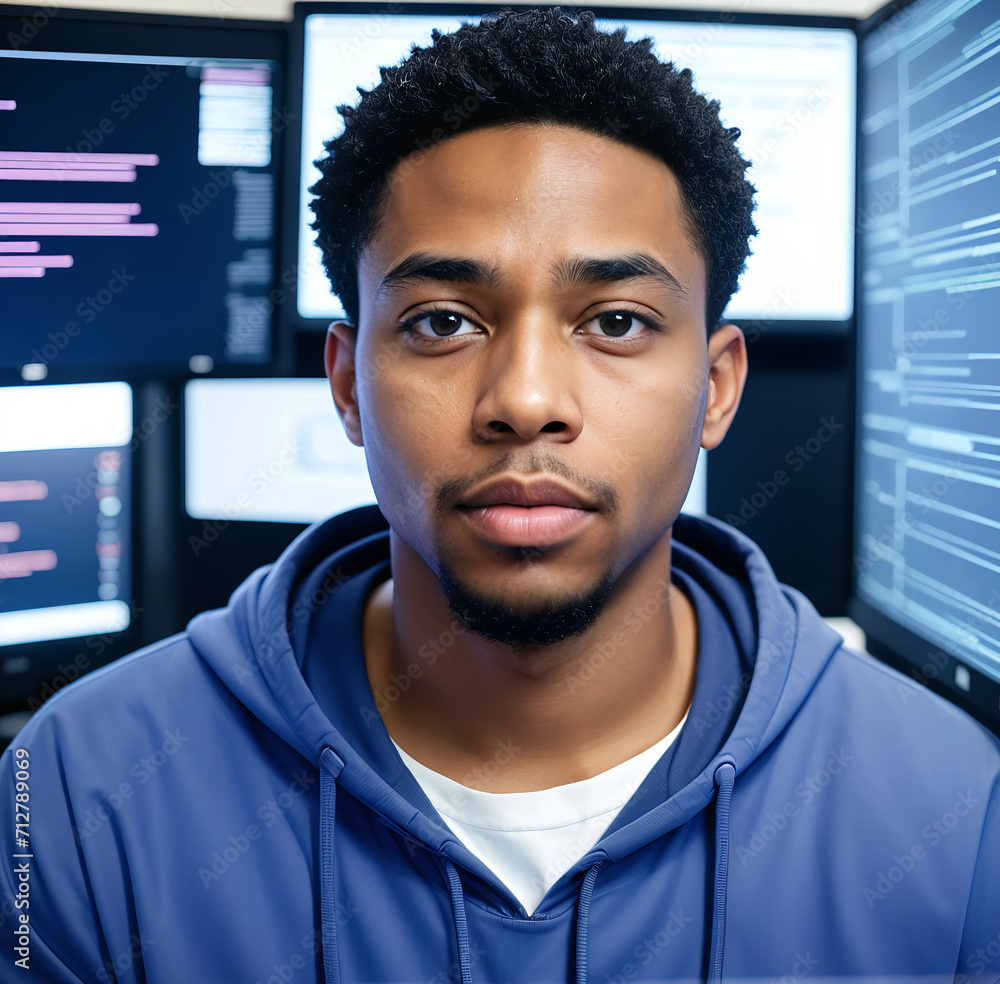 Black middle aged data analyst man on background of computer screens. Success, technology, future concept.