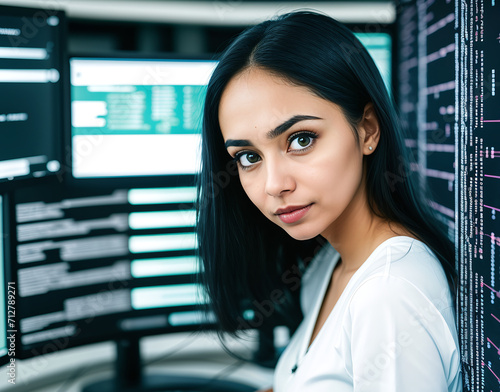 Hispanic middle aged data analyst woman on background of computer screens. Success, technology, future concept.