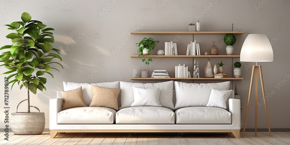 Fototapeta premium Modern living room interior with a large sofa, pillows, white shelves, and plants.