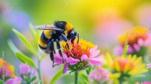 Closeup of a bumblebee sitting on a colourful spring flower