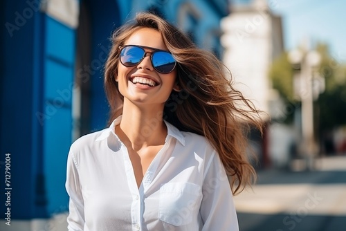 summer holidays, vacation, travel and people concept - smiling young woman in sunglasses over city street background