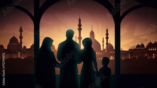 Ramadhan Kareem greetings. Family at the window looking at the Islamic city with a skyline of mosques  crescent moon and stars - generative ai