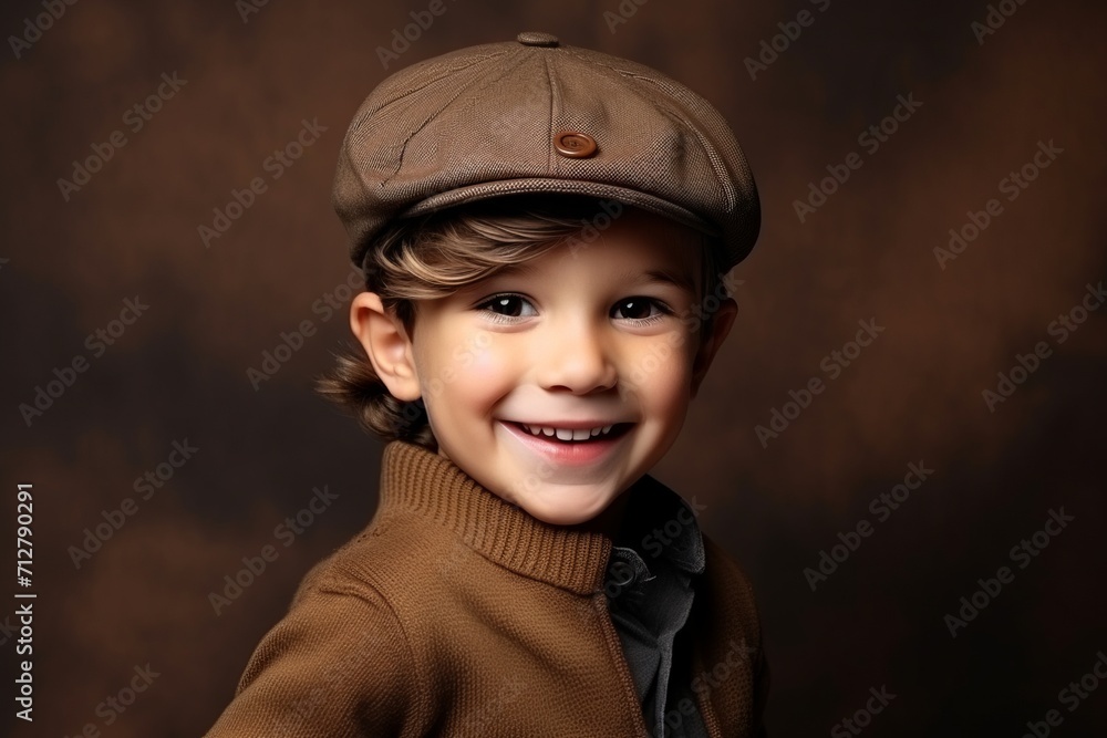 Portrait of a cute little boy in a cap on a brown background Portrait of a cute little boy in a cap on a brown background