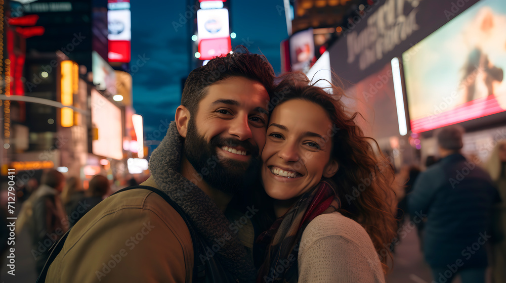 smiling couple taking a selfie, couple on vacation, traveling around the world
