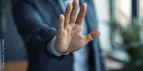 close up of the hand of a business man showing stop, generative AI