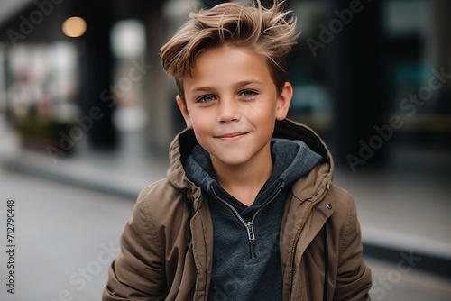 Portrait of a cute little boy in the city, outdoor shot