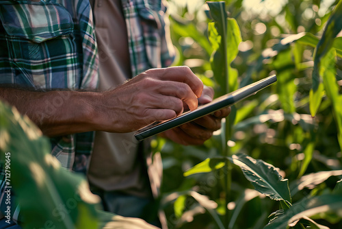 Man Holding Tablet in Field, Using Technology Outdoors for Work or Leisure