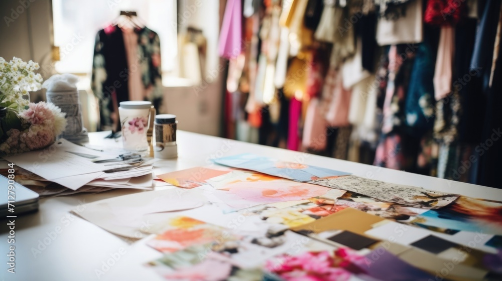 Closeup of an inspiration board covered in magazine outs, fabric swatches, and handwritten notes in a fashion designers studio. Closeup of an inspiration board covered in magazine outs, fabric swatches, and handwritten notes in a fashion designers studio.