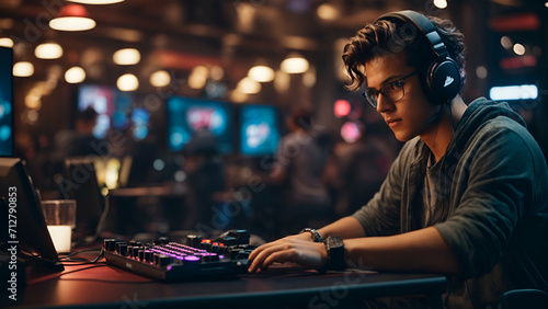 professional gamer playing tournaments online games computer with headphones