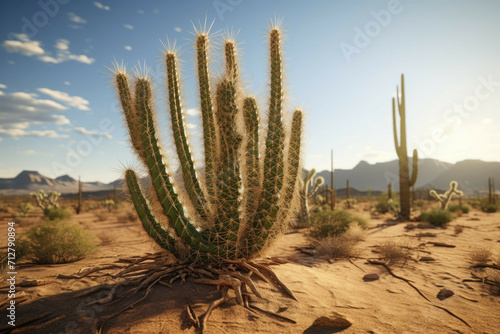 A tall cactus with sharp spines and a dry, cracked desert landscape in the background