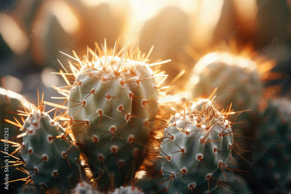 A close-up of a prickly cactus with its spines glistening in the sunlight - obrazy, fototapety, plakaty 