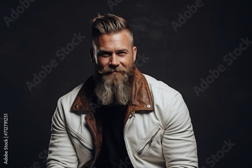 Studio portrait of a stylish bearded man in a white jacket. Men's beauty, fashion.