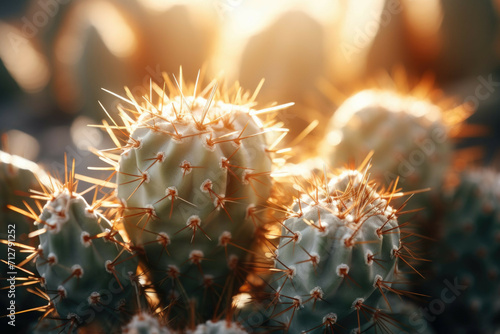 Fototapete A close-up of a prickly cactus with its spines glistening in the sunlight
