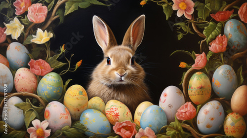 A bunny sits among Painted Easter eggs surrounded by springtime flowers on dark background